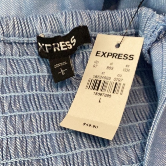 Express Linen Blend Smocked Back Crop Top Size L Blue - Picture 4 of 5